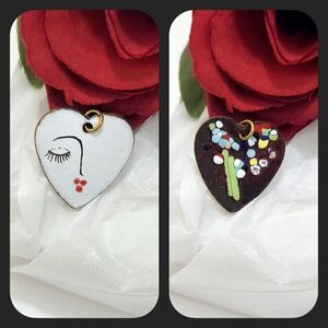 Handmade White Enamel Heart Minimalist Face Design & Mosaic Heart Pendant Charm
